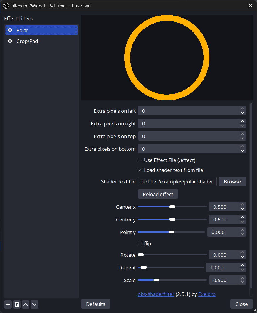 Settings for the Start and Reset filters for the Ad Timer - Clock text source.